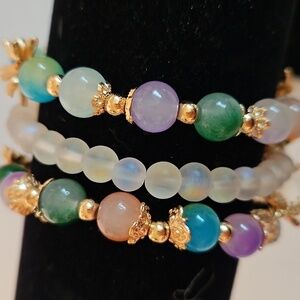 3 Multicolor Glass Beads w Butterflies, Flowers & Hearts on Stretch Bracelets